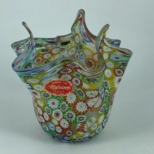 Hand-Blown Murano Art Glass Millefiori Handkerchief Vase